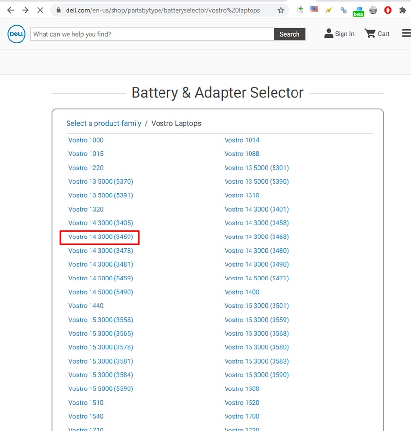 Chọn mã máy trên website Dell.