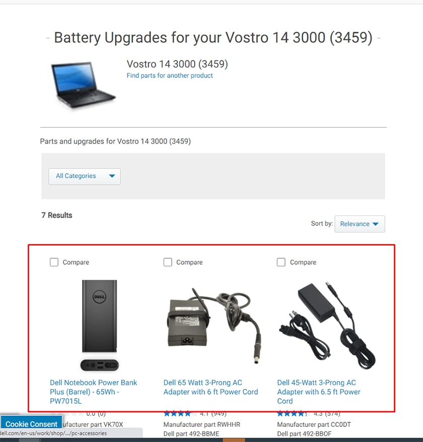 Thông tin sạc chính hãng trên website Dell.