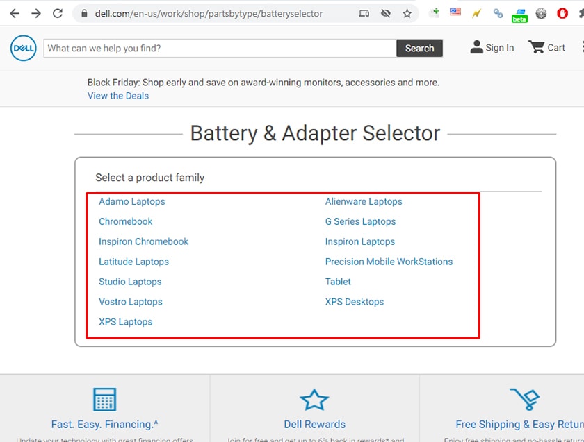 Chọn dòng máy trên website Dell.