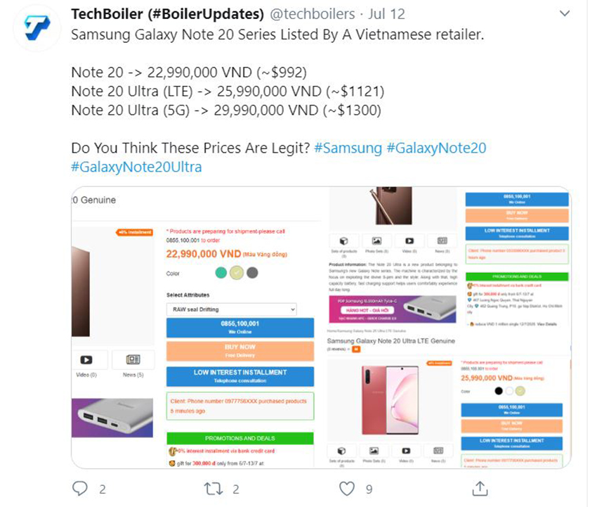 Giá bán dự kiến của bộ ba Samsung Galaxy Note 20