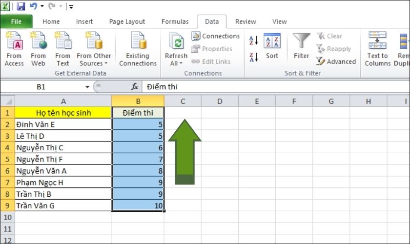 Sắp xếp dữ liệu tăng dần trong Excel