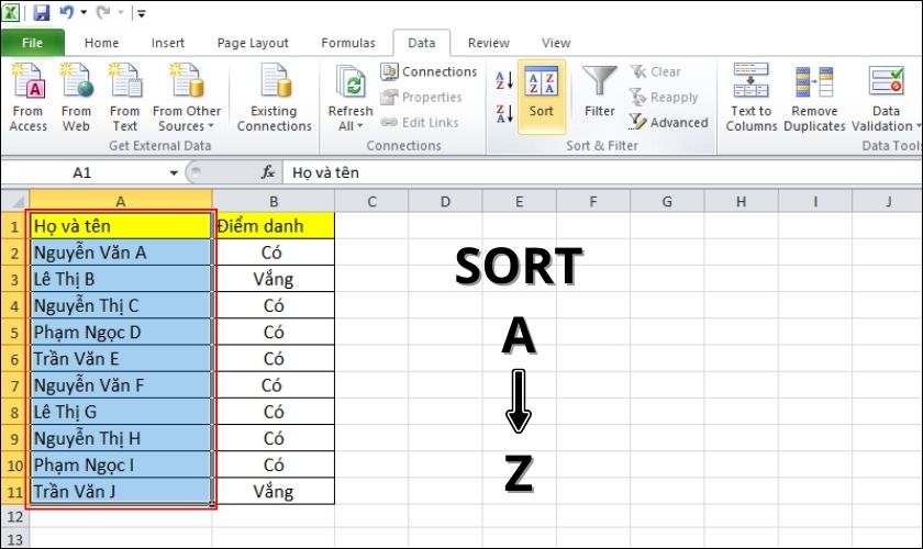 Sử dụng công cụ Sort trong Excel