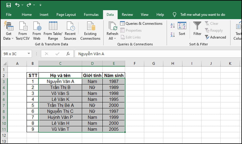 Chọn vùng dữ liệu