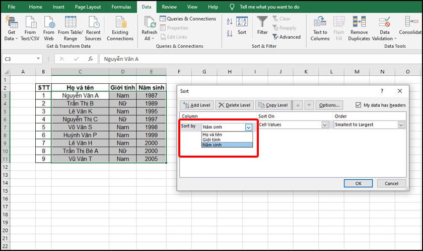 Chọn cột để sắp xếp