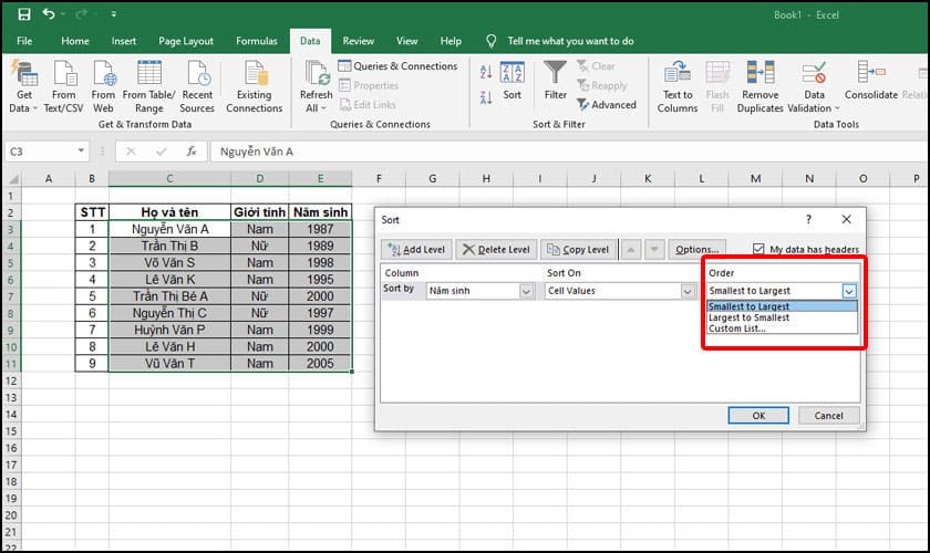 Chọn Smallest to Largest