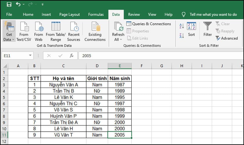 Kết quả sau khi sắp xếp