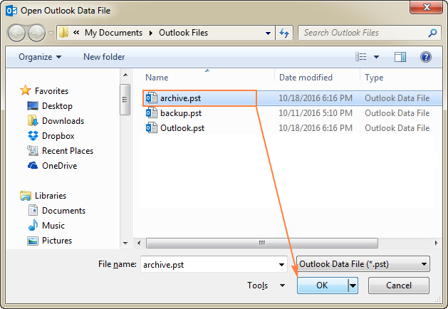 File explorer window selecting the PST file