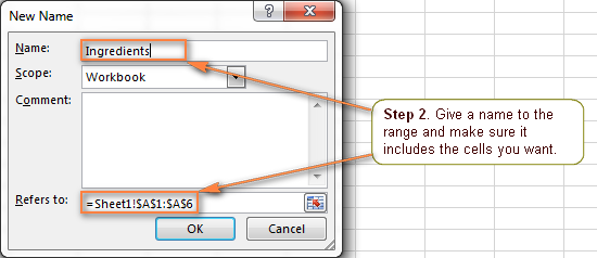Đặt tên cho vùng và đảm bảo vùng đó bao gồm các ô bạn muốn.