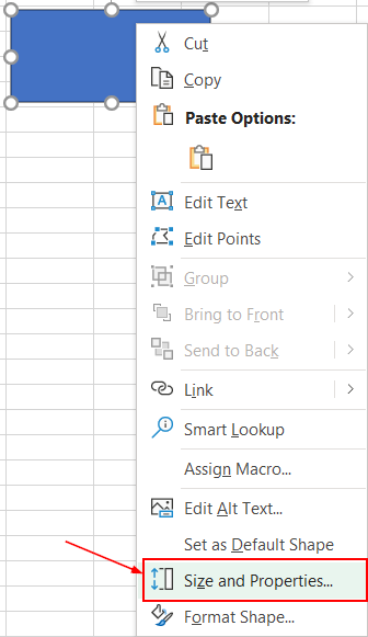 Truy cập vào Size and Properties của Shape