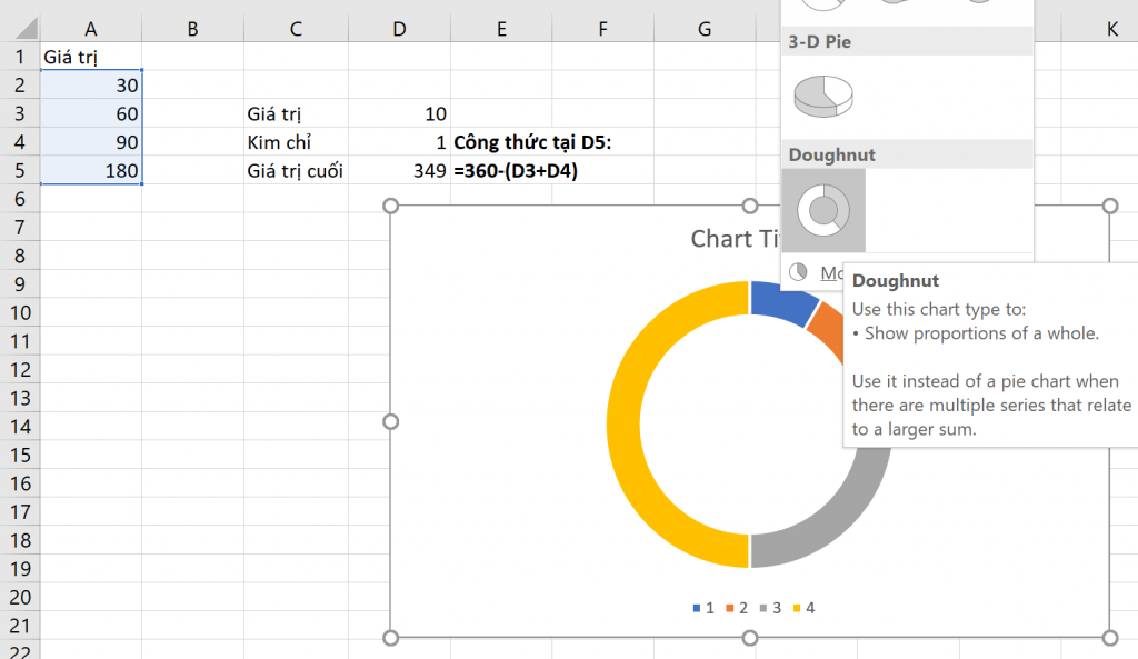 Hướng dẫn Tạo Biểu Đồ Đồng Hồ Tốc Độ (Speedometer/Gauge Chart) trong Excel Chọn biểu đồ Doughnut trong Excel