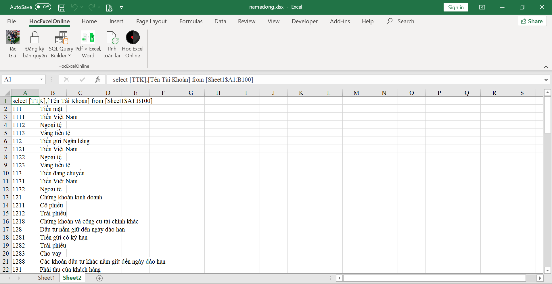 Minh họa cú pháp SQL cơ bản trong Excel