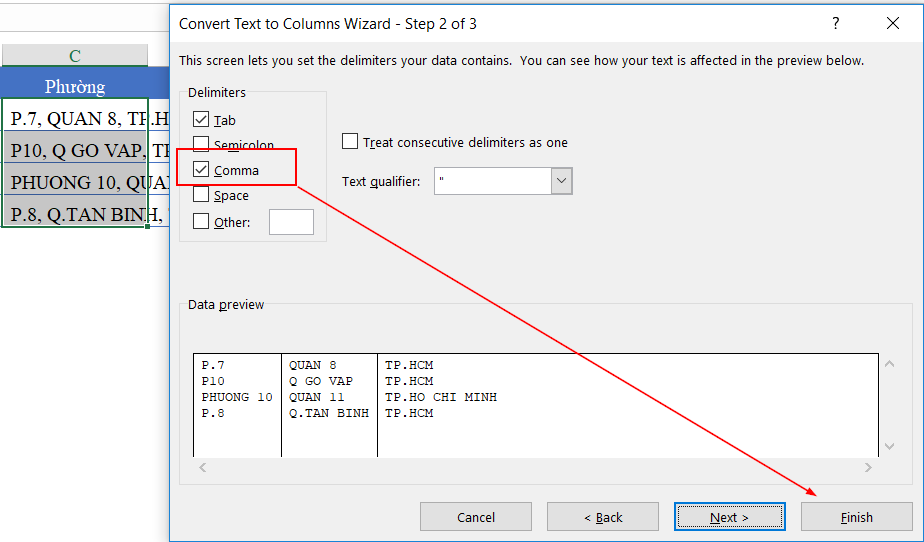 Text to Columns wizard step 2 showing the selection of Comma as the delimiter