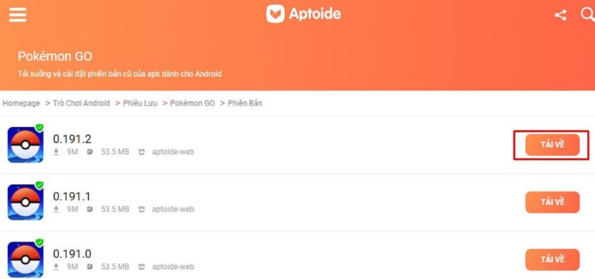 Các phiên bản ứng dụng trên Aptoide.com