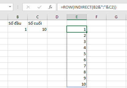 Mảng số được tạo từ B2 đến C2