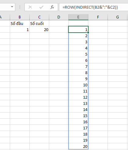 Mảng số tự động cập nhật khi thay đổi giá trị B2 và C2