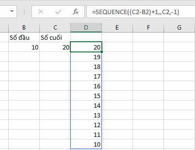 Tạo mảng số đảo ngược bằng hàm SEQUENCE