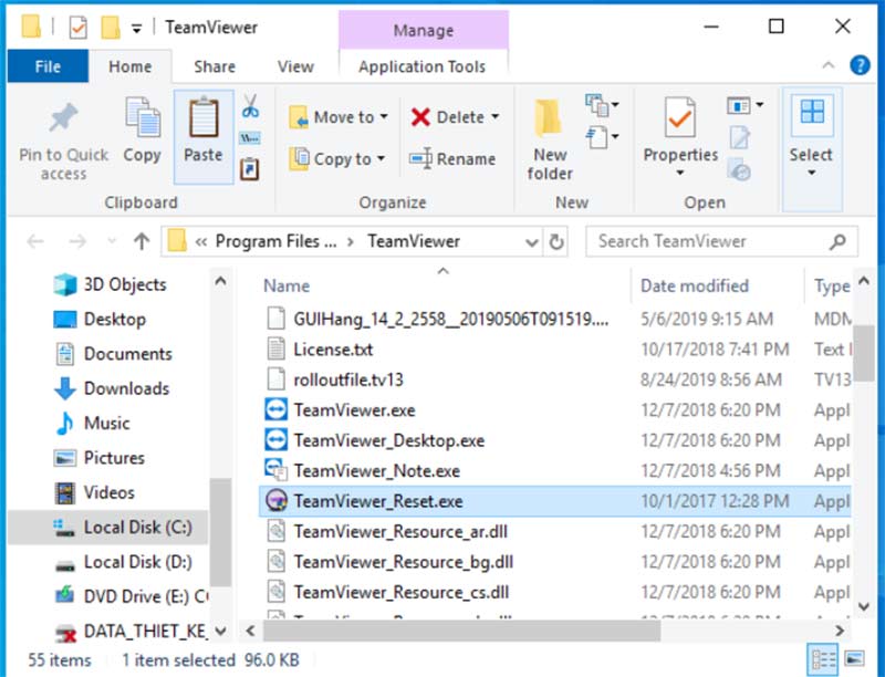 Chạy TeamViewer Reset với quyền quản trị viên