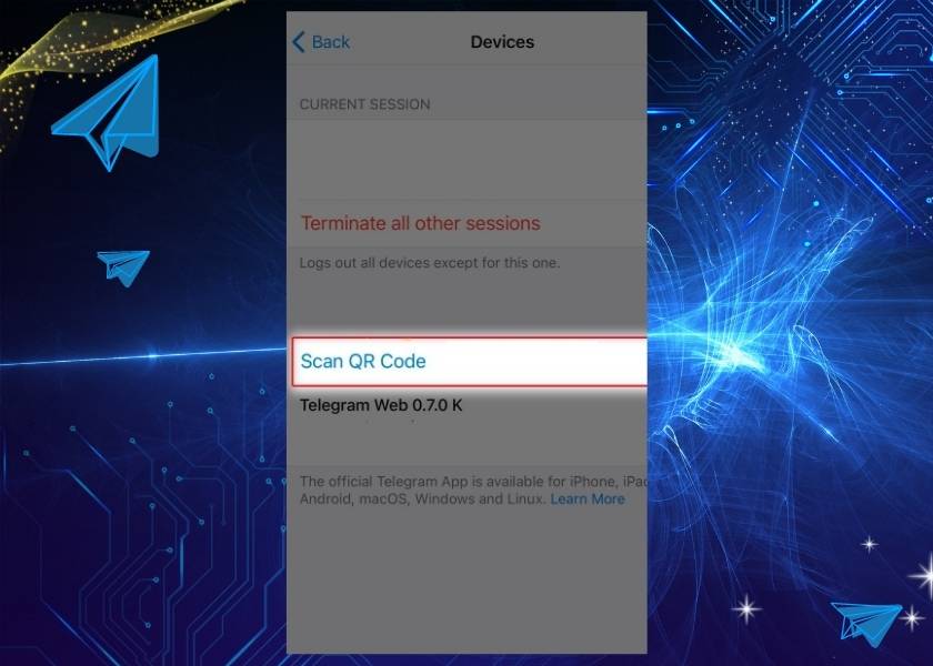 Chọn Scan QR Code trong Telegram Web