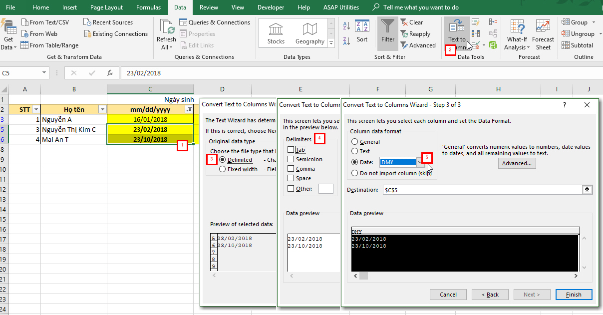 Hướng dẫn sử dụng Text to Columns để sửa lỗi ngày tháng