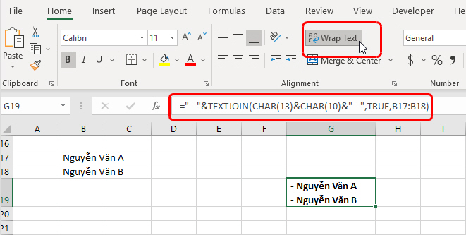 Xuống dòng với TEXTJOIN và CHAR(10) & CHAR(13)