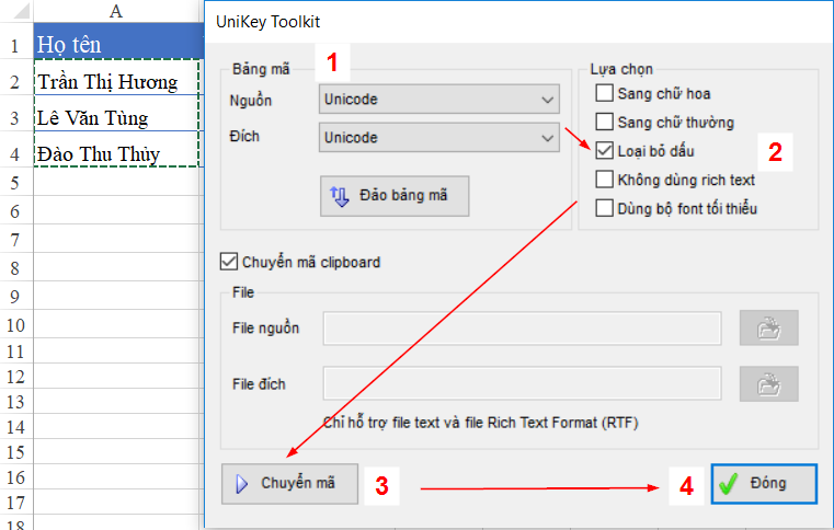 Thao tác chuyển đổi trong Unikey