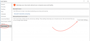 Screenshot of the Excel Options window highlighting the Trust Center Settings button