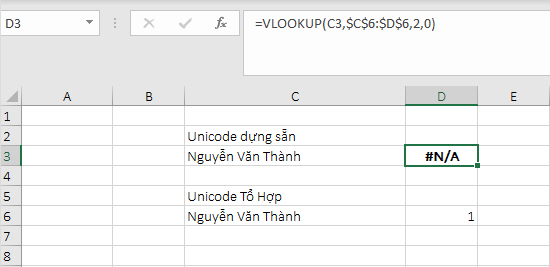 So sánh Unicode dựng sẵn và Unicode tổ hợp trong Excel