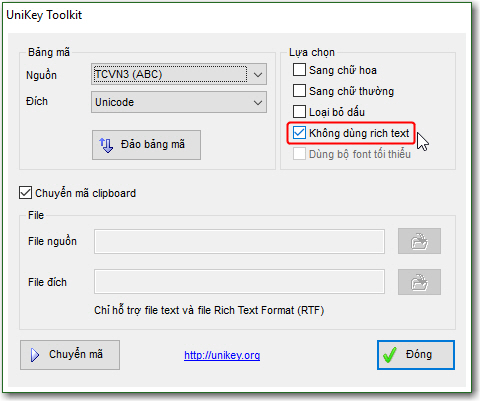 Lựa chọn không dùng rich text trong Unikey