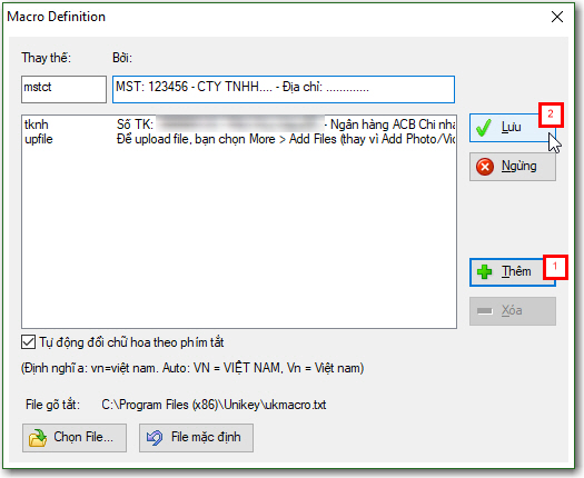 Ví dụ bảng gõ tắt trong Unikey