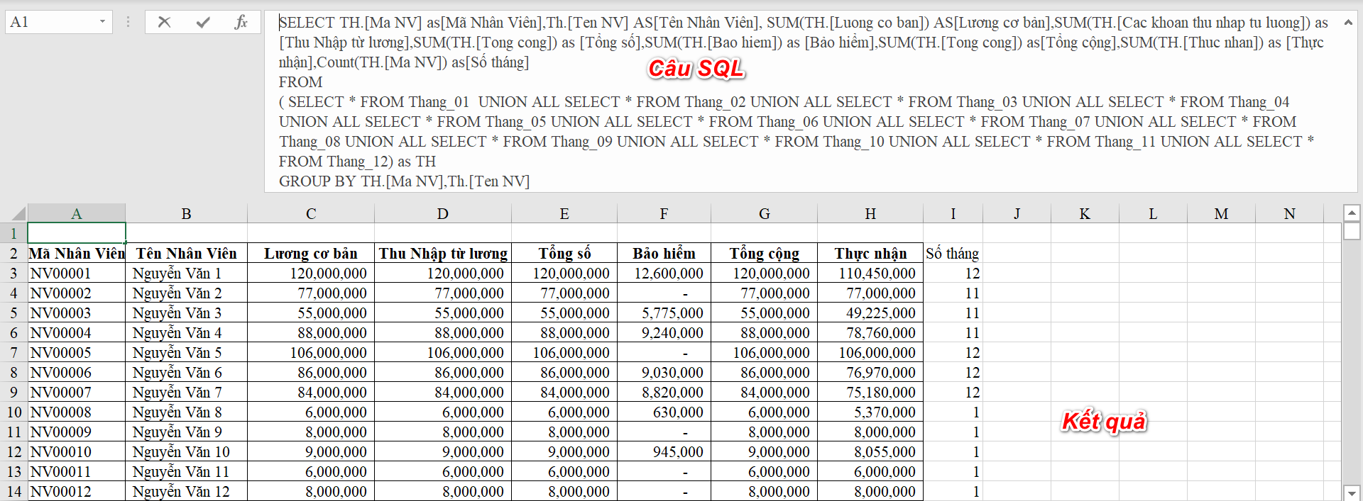Gộp Bảng Dữ Liệu Trong Excel Sử Dụng SQL Kết quả gộp bảng