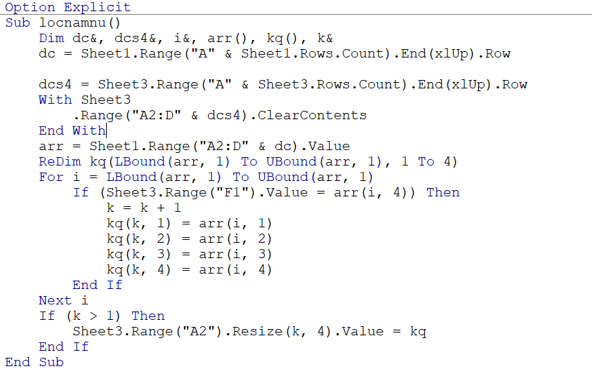 Code VBA để lọc dữ liệu