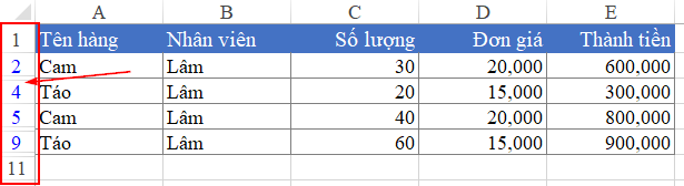 Ví dụ bảng dữ liệu ẩn dòng không unhide được