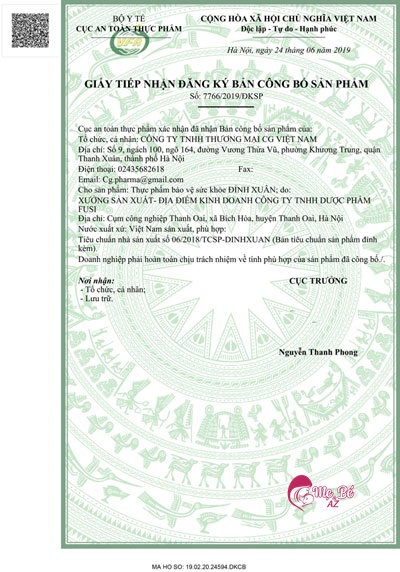 Giấy phép lưu hành của Bộ Y Tế cho sản phẩm Đỉnh Xuân
