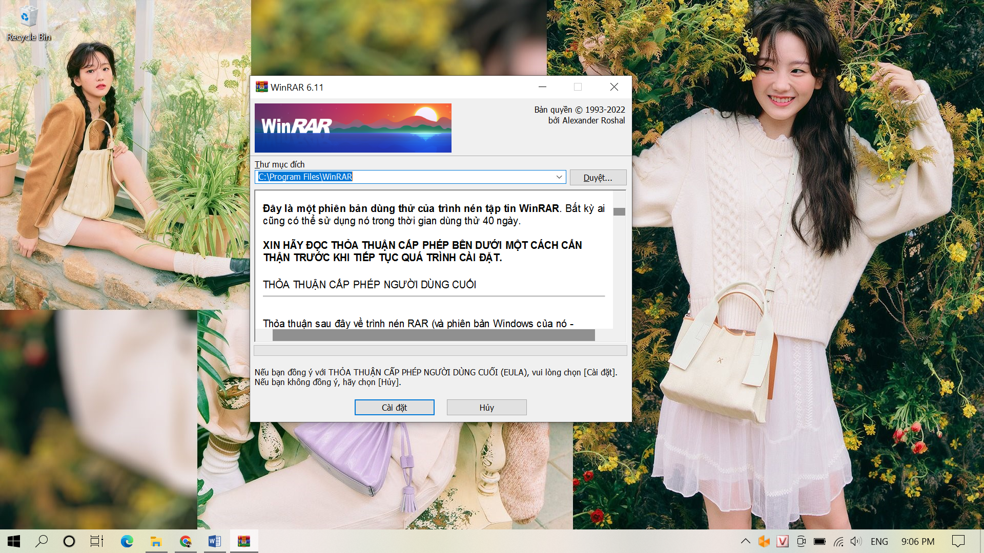 Nhấp chọn cài đặt để bắt đầu cài đặt Winrar về máy tính