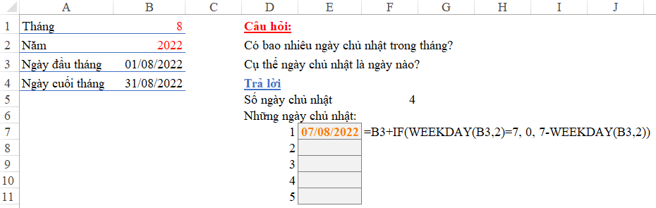Excel screenshot displaying the calculated date of the first Sunday in the month