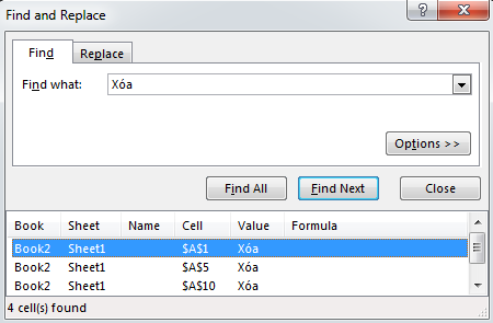 Kết quả tìm kiếm sau khi nhấn Find All