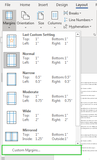Mở hộp thoại Custom Margins