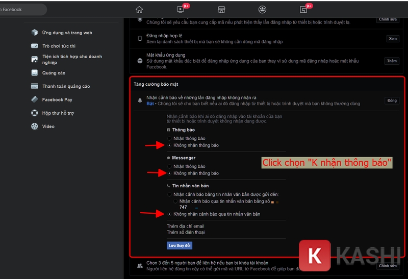 Tăng cường bảo mật => Tick chọn "Không nhận thông báo"