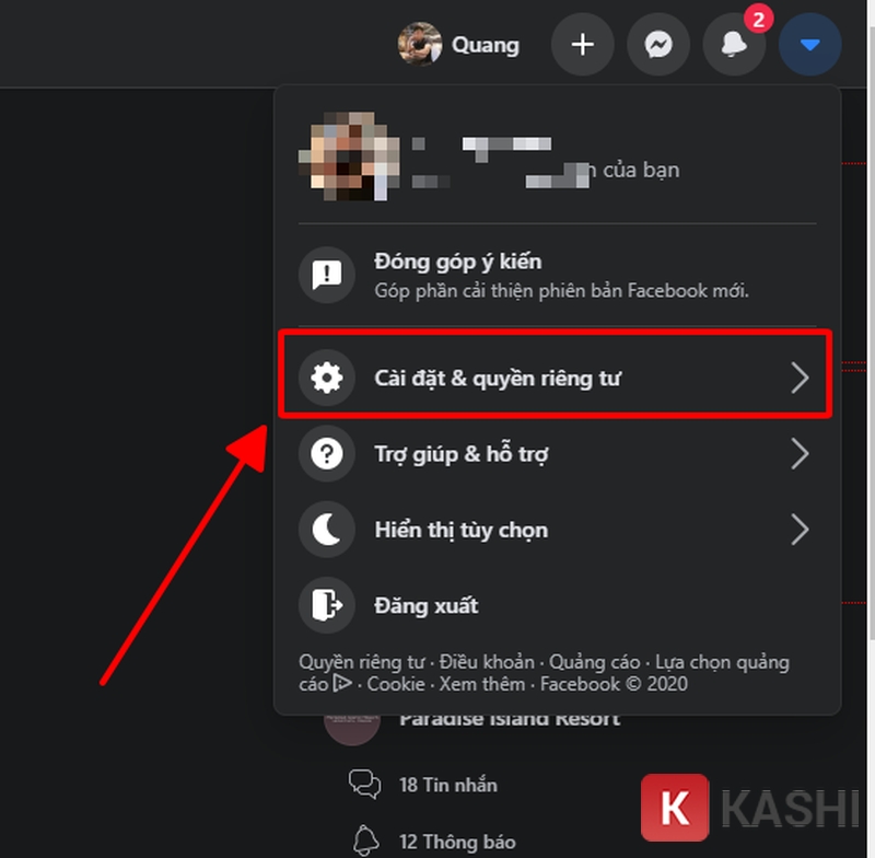 Bạn click vào dấu mũi tên xuống ở góc phải màn hình và vào phần "Cài đặt & quyền riêng tư" 
