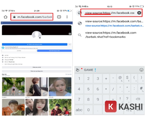 Thêm lệnh view-source: vào đầu đường dẫn Facebook