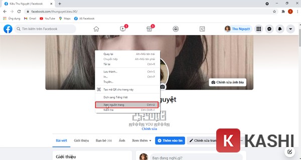 Thao tác xem nguồn trang bằng menu chuột phải