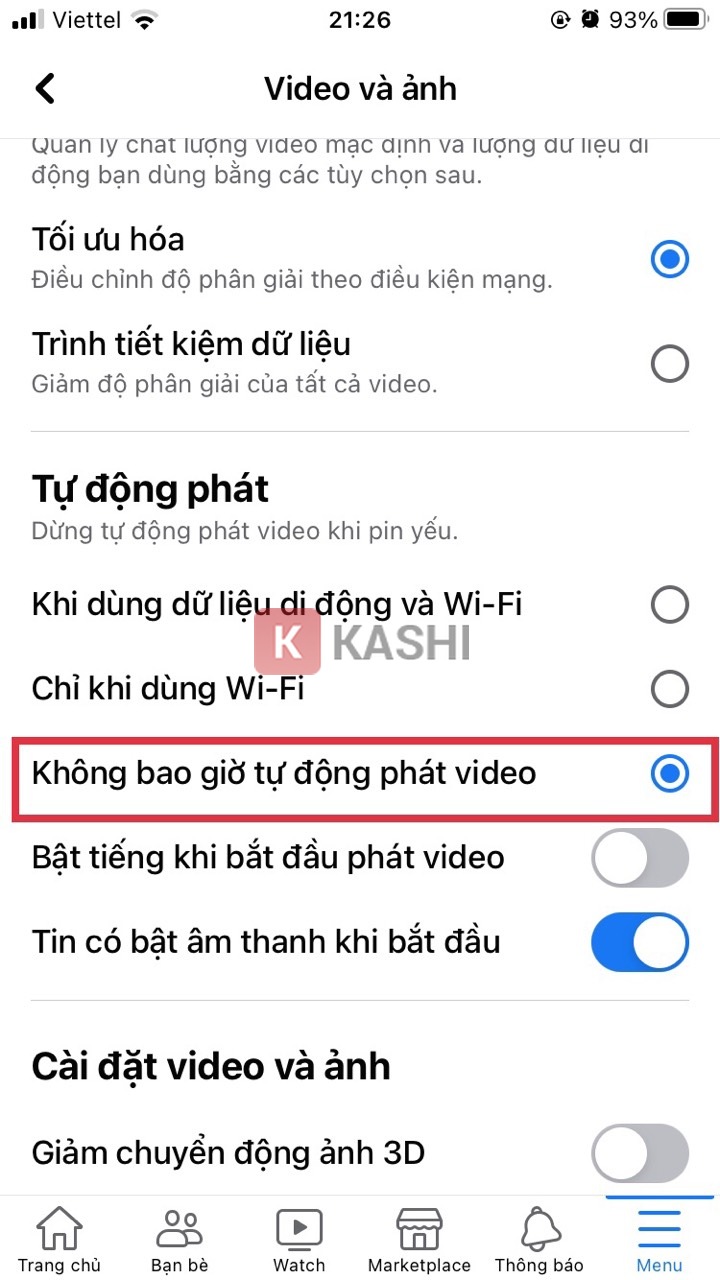 Tick chọn vào "không bao giờ tự động phát video"