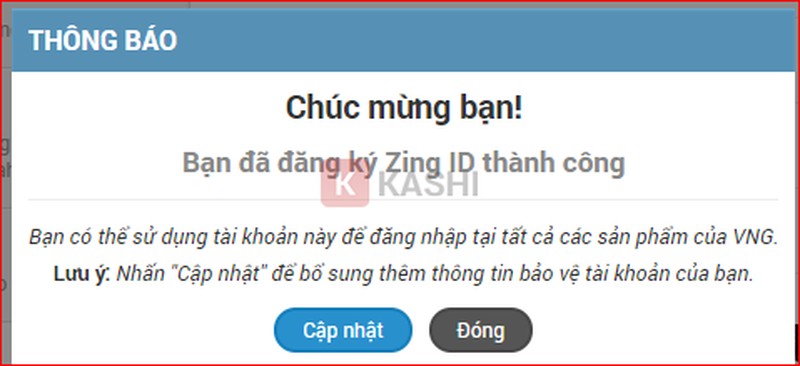 Màn hình hiển thị đăng ký Zing ID thành công