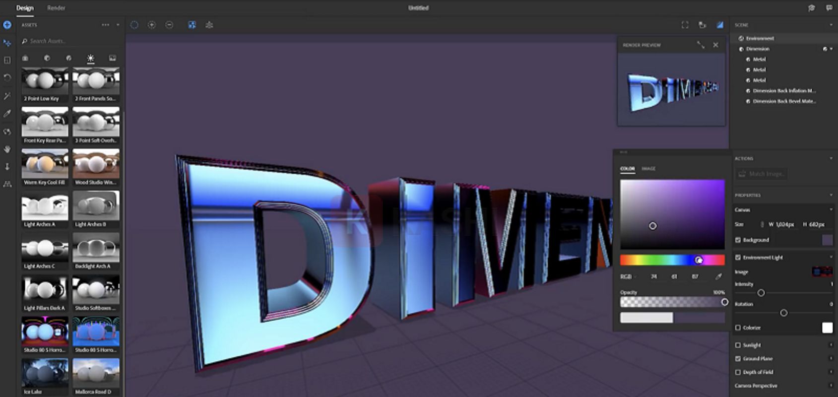 Tính năng tùy chỉnh ánh sáng trong Adobe Dimension