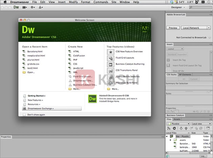 Giao diện phần mềm Adobe Dreamweaver CS6