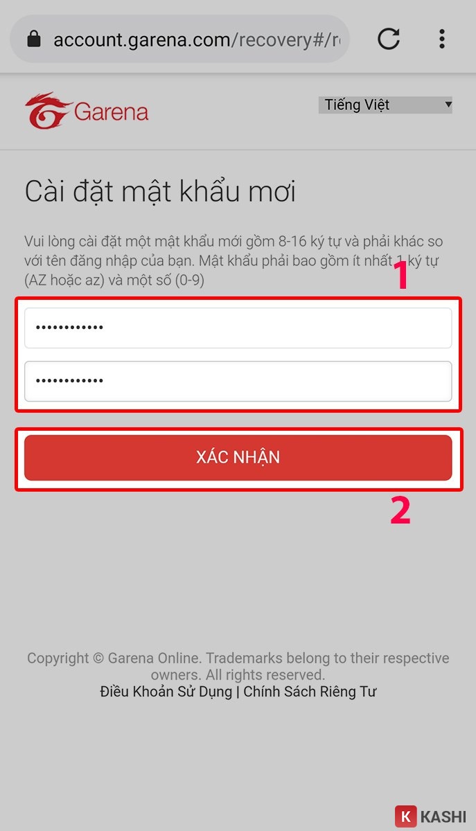 Đổi mật khẩu mới Garena