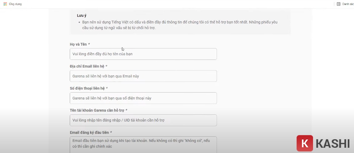 Điền thông tin hỗ trợ