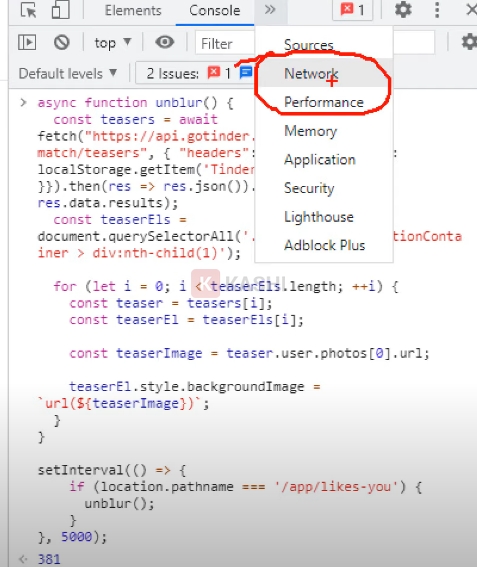 Chuyển sang tab Network