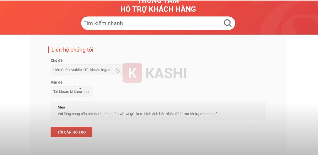 Chọn Tôi cần hỗ trợ