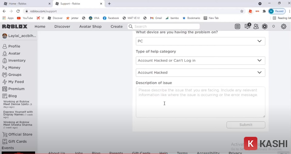 Chọn thông tin về vấn đề tài khoản Roblox